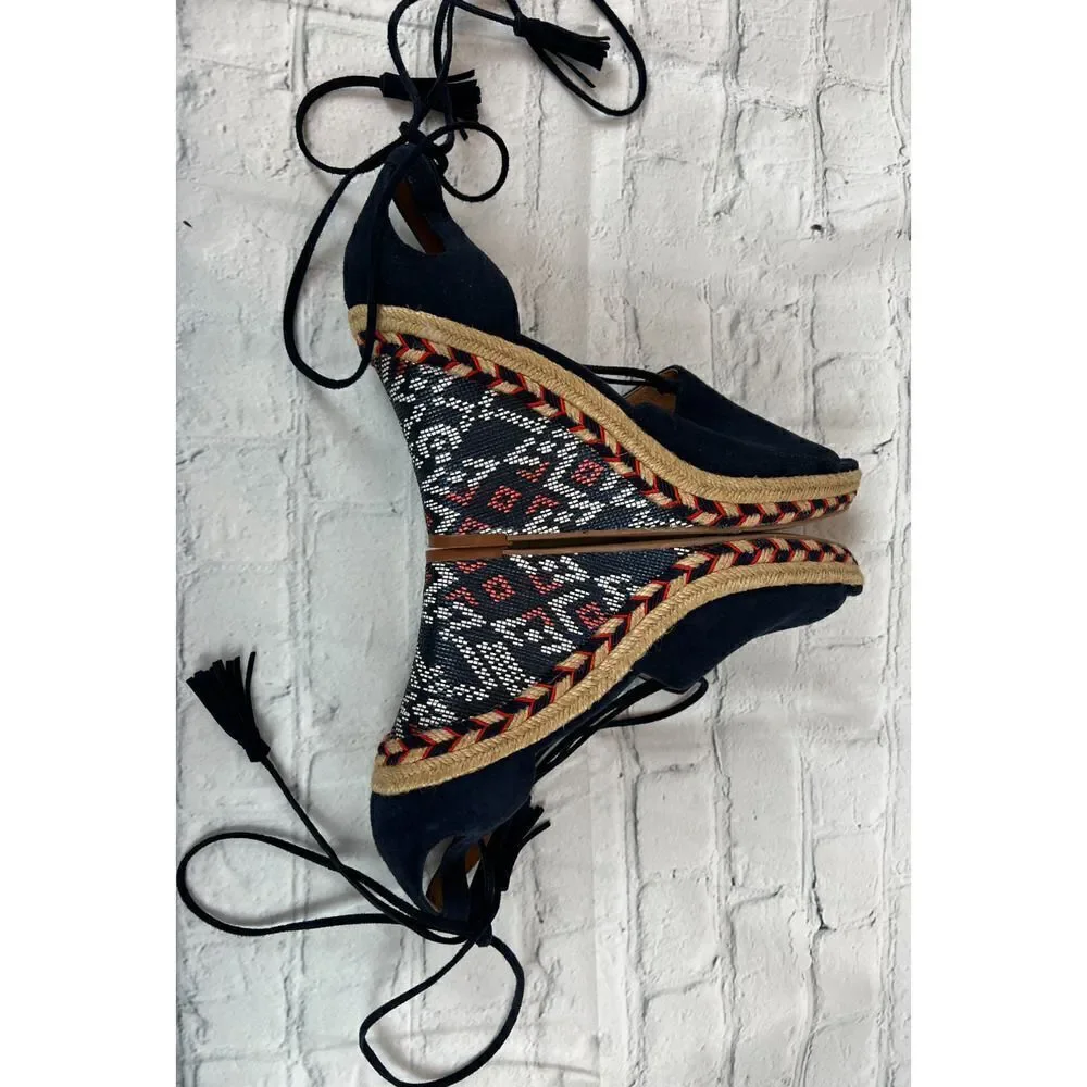 CABI boho navy blue Isla leather suede wedge espadrille tassels sandals size 9M